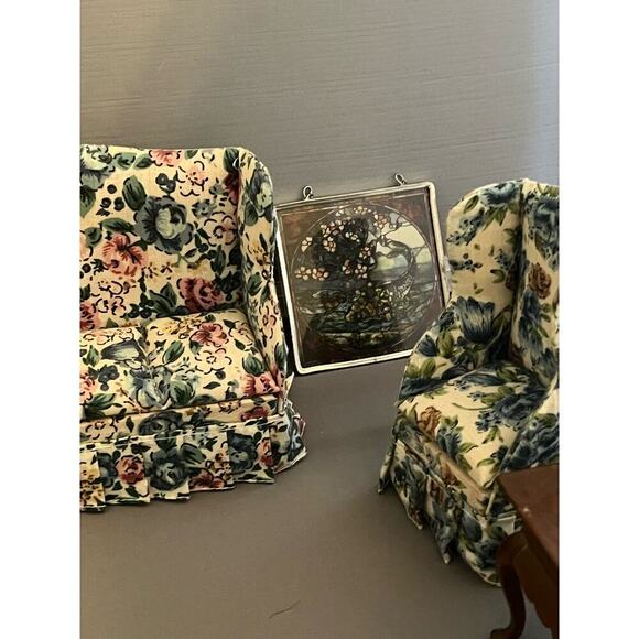 Dollhouse Furniture Living Room 10 pc Loveseat ARm Chair End Table stool Clock - Picture 4 of 11